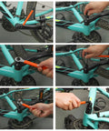 Bike Crank Puller Tool Set With 16mm And 15mm Wrenches showing crank extraction on blue bicycle in six steps.