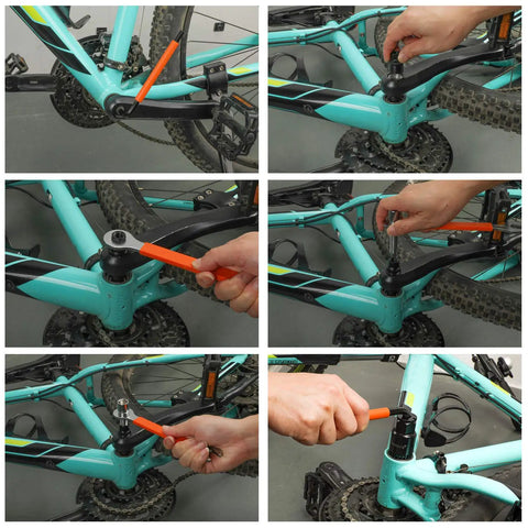 Bike Crank Puller Tool Set With 16mm And 15mm Wrenches showing crank extraction on blue bicycle in six steps.