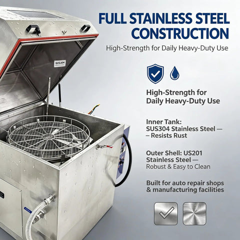 Industrial Parts Rotary Spray Washer Cabinet Beast Mode Grimebusting Powerhouse with full stainless steel construction and 360 spin basket.