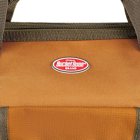 Close-up of a zipper and label on a tool bag, resembling the Longboy Tool Bag With 16 Pockets, Heavy Duty 24 By 10 By 10 Inch Black Work Organizer.