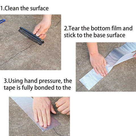 Application of Aluminum Foil Butyl Tape Waterproof Silver Tape for Roof Leak Repair, showing cleaning, peeling, and sealing steps.