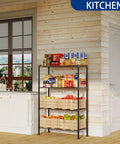 Straight Up Heavy Duty Metal Storage Rack With Adjustable Shelves For Kitchen Pantry Or Closet Black Stand holding groceries and fruits in kitchen.