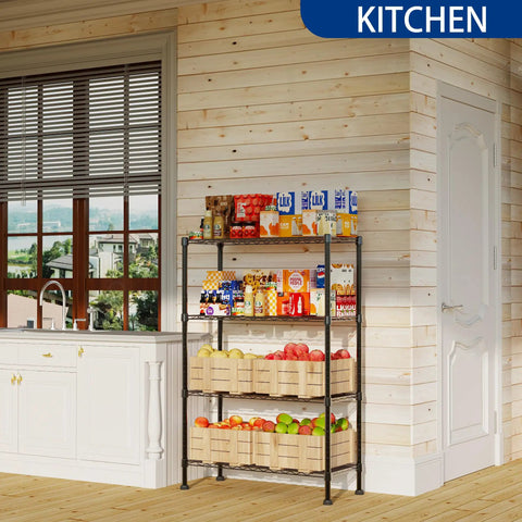 Straight Up Heavy Duty Metal Storage Rack With Adjustable Shelves For Kitchen Pantry Or Closet Black Stand holding groceries and fruits in kitchen.