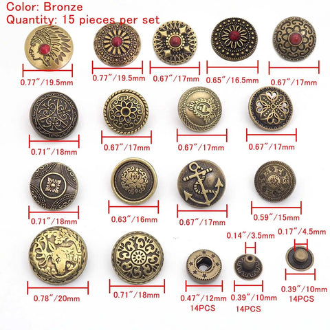 Antique Bronze Snap Button Set For Wallets And Leather Crafts, 15 Size Variants From 15Mm To 20Mm, Zinc Alloy Caps With Copper Sockets