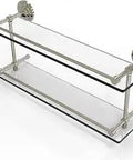 Que New 22 Inch Double Gallery Rail Glass Shelf With Slick Polished Nickel Finish 5 Inch Deep Tempered Glass Concealed Mounting Solid Brass Hardware Made In USA, angled view