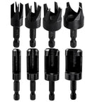 Eight Piece Wood Plug Cutter Set Hex Shank Straight Tapered Drill Bits Hide Screw Holes Smooth Woodcraft showing various sizes.