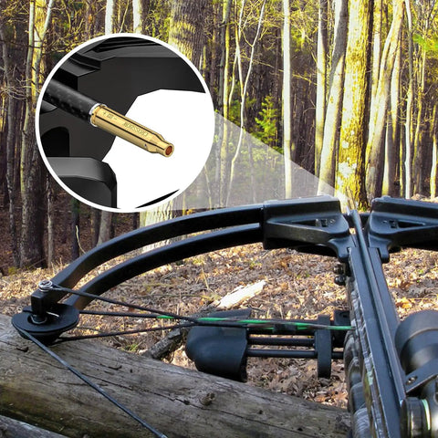 Red Laser Crossbow Bore Sight For Bow And Crossbow Arrows Threaded Sighting Tool With Batteries in outdoor forest setting