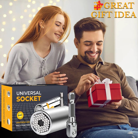 Man opening gift box with Universal Socket Tool Gift Set For Men Stocking Stuffers And Dad Gifts Perfect For DIY Fans And Dope Gadget Geeks