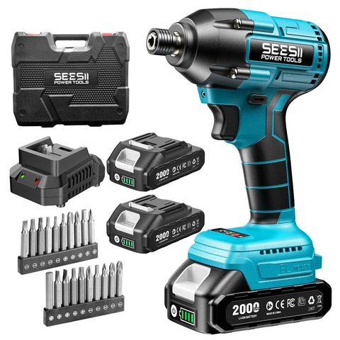 Cordless Impact Driver Kit With 21V Max Torque 1590 In-Lbs And 0-2500 RPM, 1/4 Inch Hex Chuck, Includes Two 2.0Ah Batteries And 20-Piece Drill Bit Set
