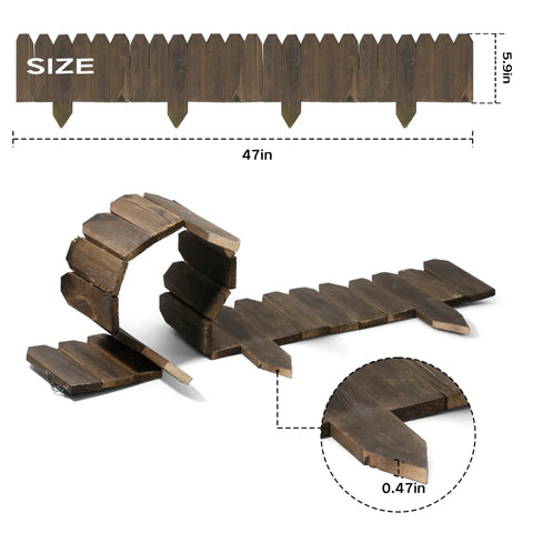 Garden Edging Kit With Rustic Picket Panels For Flower Beds And Landscape Borders Charred Wood Construction 5.9" High 47" Long