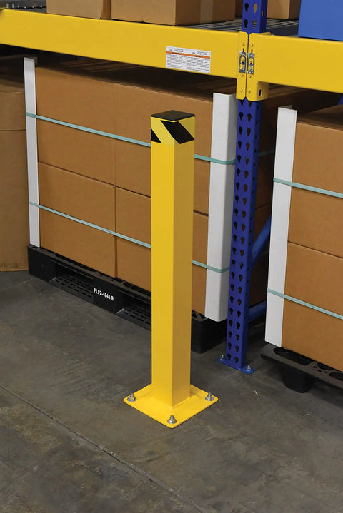 Prime Grade Built Like A Tank Steel Square Safety Bollard With Impact Resistant Cap 42 Inch Bright Yellow Industrial Garage Guard Post For Commercial Spaces in warehouse