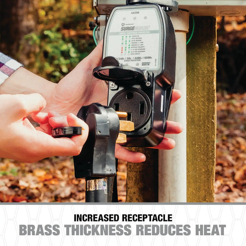 Portable RV Surge Protector 50 Amp For Pop Up Campers And Travel Trailers, detects faulty park power, brass receptacles