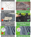 Comparison of U-shaped and G-shaped garden fabric stakes highlighting rust resistance and fabric holding strength.