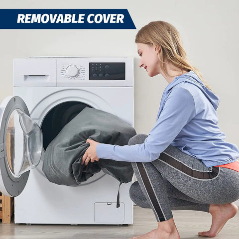 Woman placing Memory Foam Camping Mattress Pad cover in washing machine, emphasizing removable cover feature