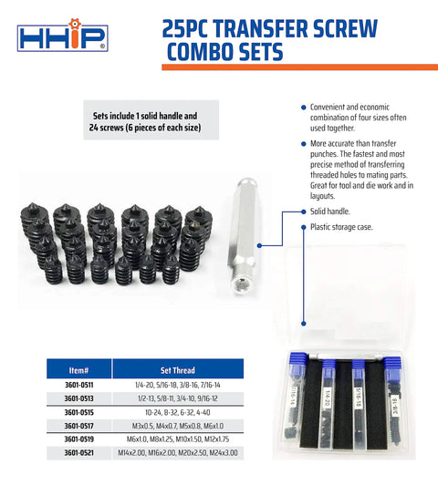 25 Piece Hole Transfer Screw Set For Quick No Brainer Accurate Hole Mapping With M6 X 1, M8 X 1.25, M10 X 1.5, M12 X 1.75
