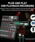 6 Channel Professional Audio Mixer With 320 DSP Effects And 7 Band EQ USB And Bluetooth Connectivity 48V Power Supply.