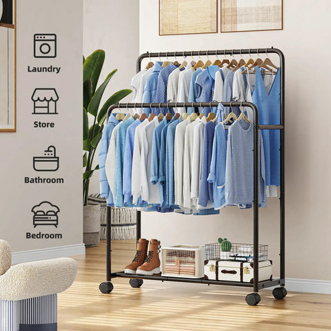 Super Slick Double Tier Garment Rack Built Tough With Heavy Duty Steel Frame And Spacious Bottom Shelf Total Closet Game Changer In Sleek Black Finish Easy Assembly