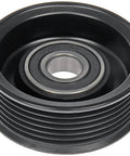 Front view of black automotive belt idler pulley with metal bearing
