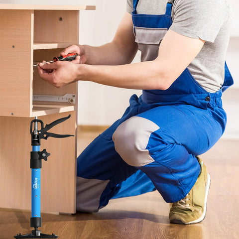 Leikius steel cabinet jack, blue telescoping pole with clamp, used as third-hand support for cabinet installation.