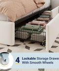 Hella Spacious Full Size Storage Bed Frame With Super Plush Velvet Upholstery And Adjustable Tufted Headboard Plus Four Massive Rolling Drawers For Zero Box Spring Hassle In Crisp White showcasing four roll-out drawers with smooth wheels.
