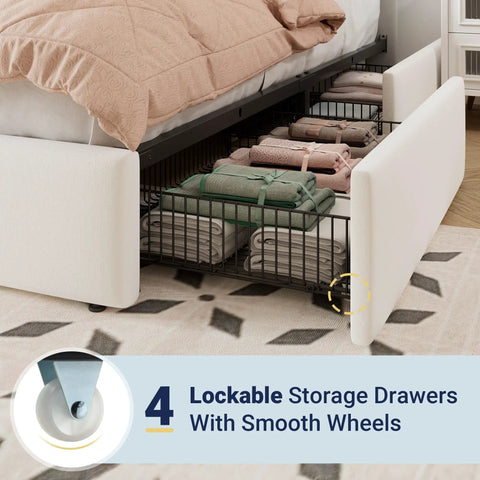 Hella Spacious Full Size Storage Bed Frame With Super Plush Velvet Upholstery And Adjustable Tufted Headboard Plus Four Massive Rolling Drawers For Zero Box Spring Hassle In Crisp White showcasing four roll-out drawers with smooth wheels.