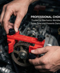 9 Piece Universal Engine Camshaft Clamp Locking Tool Kit For Dual Overhead Cam Motors gripping a camshaft gear in a mechanic's hand.