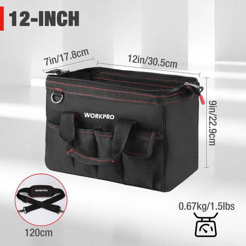 Rugged 12 Inch Close Top Wide Mouth Tool Bag With Double 500D Polyester, seven exterior pockets, large interior space for tools.