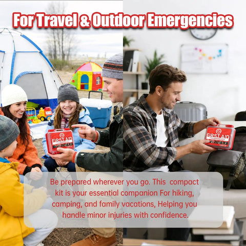 135 Piece Hard Case First Aid Kit For Home Car Travel Camping Hiking Truck Sports Office And Outdoor Emergencies On The Go With Latex Free Bandages Wipes Gloves Tourniquet Tweezers And More shown in outdoor and indoor settings