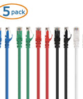 10Gbps Snagless Cat6 Ethernet Cable 5ft Multi Color Set For Fast LAN Connections, 5-pack of blue, green, red, black, and white cables