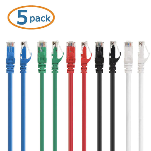 10Gbps Snagless Cat6 Ethernet Cable 5ft Multi Color Set For Fast LAN Connections, 5-pack of blue, green, red, black, and white cables