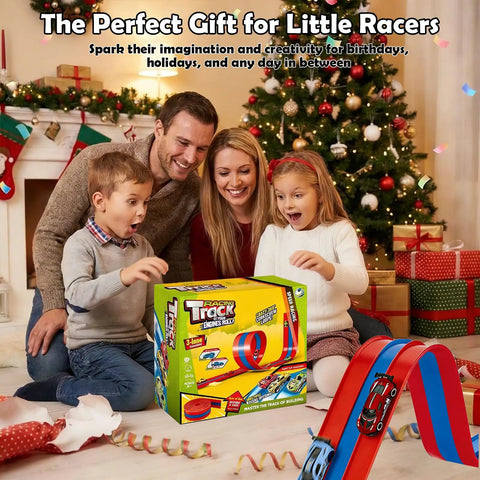 Family with gift-wrapped 16ft Flexible Race Track For Kids 3 Plus With 3 Lane Roll Up Design Includes 4 Pull Back Cars portable play set.