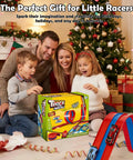 Family with kids opening Hot Wheels Compatible 16 Ft Flex Track Roll Up Stunt Track With Suction Cups And Ramps under Christmas tree.