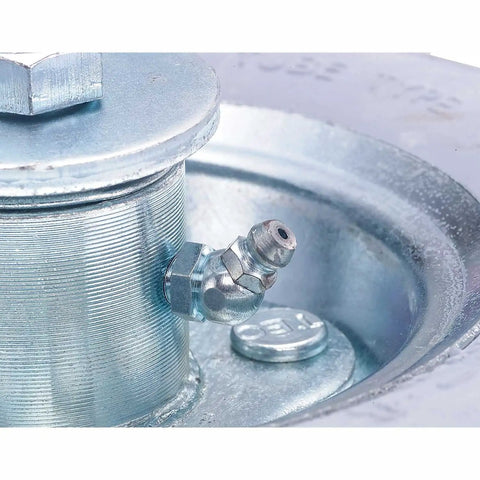 Smooth Rollin Pneumatic Wheel Caster Set Featuring Two Rigid And Two Swivel Units With Bully Proof Eight Inch Tires And Protective Donut Bumpers showing close-up of valve on wheel caster.
