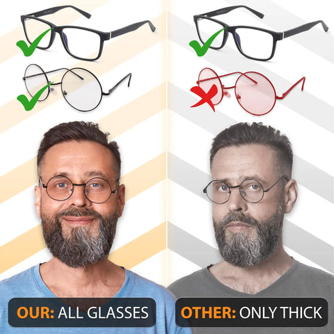 Comparison of Glasses Strap Holder No Tail With Length Adjusters For Wide And Narrow Temples showing compatibility with all glasses.
