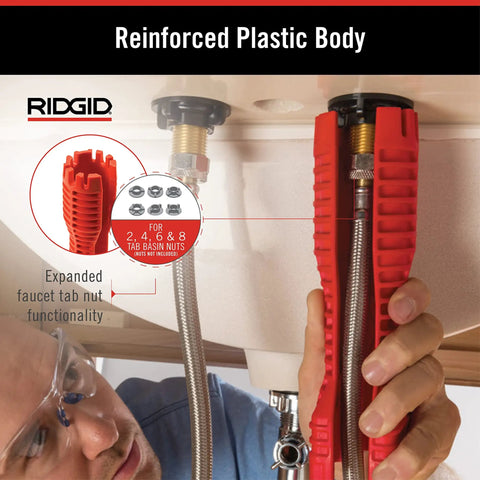 No Fuss Under Sink Faucet Install And Removal Wrench With 6 Sided Cube Insert in use under sink, reinforced plastic body.