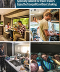 X-Shaped Wheel Chocks for Travel Trailers and RVs offering stability; images show couples dining, cooking, and relaxing in RV interiors.
