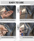 Step-by-step guide showing use of 150 Pack Heavy Duty Nylon T Style Cable Tie Buckle Push Pin Retainer Clips on a car fender.