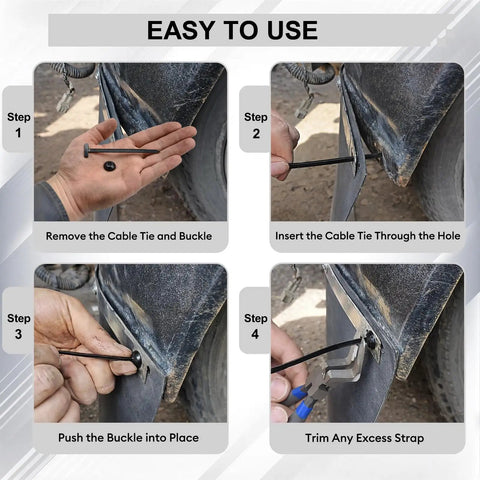 Step-by-step guide showing use of 150 Pack Heavy Duty Nylon T Style Cable Tie Buckle Push Pin Retainer Clips on a car fender.
