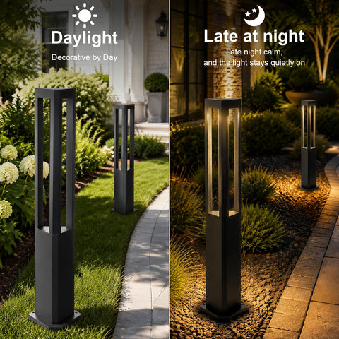Modern Black LED Pathway Lights Sleek Cone Bollards illuminated at night along a garden walkway, featuring aluminum housing.