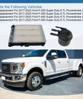 Ford 6.7L Power Stroke Diesel Fuel Filter Replacement Kit For 2017 2023 F 250 F 350 F 450 F 550 Super Duty With FD4624 FD4625 HC3Z9N184B HC3Z9N184C Motorcraft Compatible, showing filter components and a white Ford Super Duty truck.