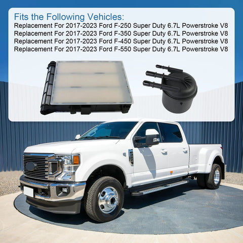 Ford 6.7L Power Stroke Diesel Fuel Filter Replacement Kit For 2017 2023 F 250 F 350 F 450 F 550 Super Duty With FD4624 FD4625 HC3Z9N184B HC3Z9N184C Motorcraft Compatible, showing filter components and a white Ford Super Duty truck.