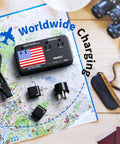 All In One 2200W Travel Voltage Converter From US To Europe With 3 AC Outlets And 4 USB Ports on map with adapters and travel gear