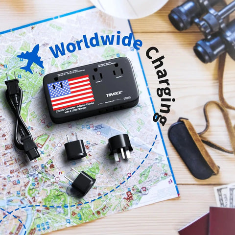 All In One 2200W Travel Voltage Converter From US To Europe With 3 AC Outlets And 4 USB Ports on map with adapters and travel gear