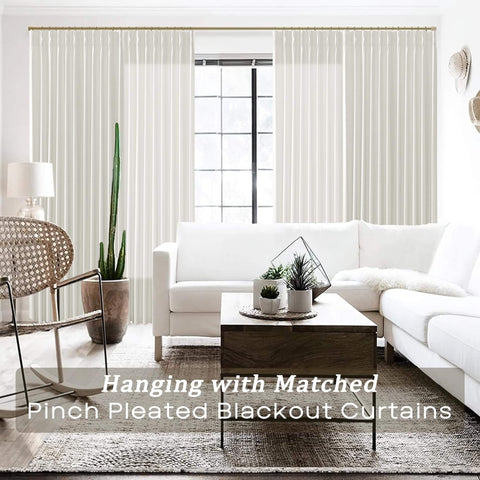 Living room with Extra Wide Linen Curtains with Tailored Pinch Pleat Top, light filtering panels, 70x96 inches, on track system.