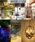 Industrial Vintage Sphere Pendant Light 20 Inch Orb Globe Chandelier With Five Lights In Oil Rubbed Black Finish Featuring Five Intertwining Rings Dope Foyer Dining Or Living Room Lighting Statement shown in various settings like cafe and restaurant.
