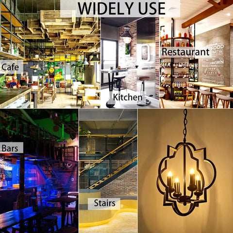 Industrial Vintage Sphere Pendant Light 20 Inch Orb Globe Chandelier With Five Lights In Oil Rubbed Black Finish Featuring Five Intertwining Rings Dope Foyer Dining Or Living Room Lighting Statement shown in various settings like cafe and restaurant.