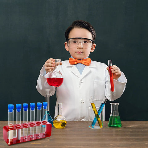 Child in lab coat with Two Pack Plastic Test Tube Rack With Caps Includes Twelve Clear Tubes And Two Red Holder Racks With Six Holes Each