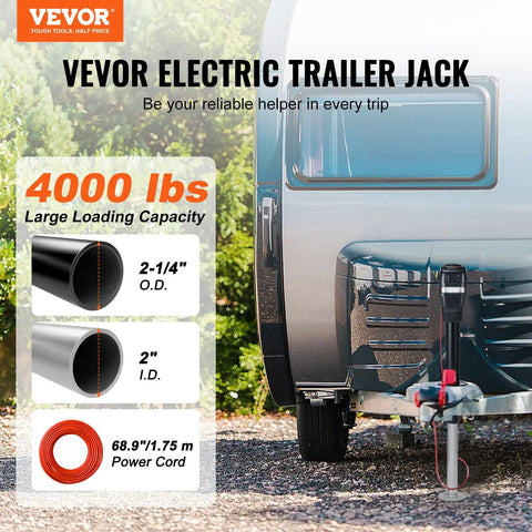 Electric Trailer Jack With 4000 Lbs Capacity And 9.84 To 33.85 Inch Adjustable Lift Waterproof Cover Heavy Duty Tongue Jack For RVs Horse Trailers Utility Trailers Boats And Yachts displayed next to a vehicle.