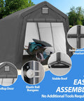Tough As Nails 10 By 10 Outdoor Portable Storage Shed with roll-up door and easy assembly, showcasing reinforcement and stability features.