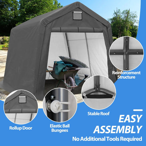 Tough As Nails 10 By 10 Outdoor Portable Storage Shed with roll-up door and easy assembly, showcasing reinforcement and stability features.
